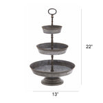 Benzara Galvanized 3 Tier Studded Tray in Metal, Silver
