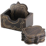 Benzara Traditional Wooden Drink Coasters with Holder, Set of 6, Brown