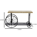 Benzara Sofa Console Table With Wooden Top And Metal Wheels Base, Brown And Black