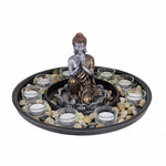 Benzara Flamboyant Buddha Round Tealight Candle Holder, Brown And Silver