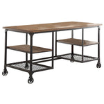 Benzara Industrial Style Metallic Writing Desk with Wooden Top and Shelves, Brown, Black