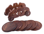 Benzara Mango wood Handmade Cart Style 6 Piece Round Coaster Set with Holder, Brown