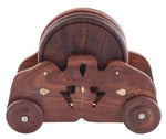 Benzara Mango wood Handmade Cart Style 6 Piece Round Coaster Set with Holder, Brown