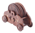 Benzara Mango wood Handmade Cart Style 6 Piece Round Coaster Set with Holder, Brown