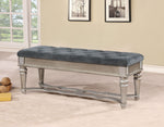 Benzara Tufted Fabric Bench with Mirror Accents and Turned Legs, Silver and Blue
