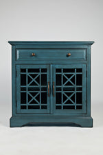 Benzara Craftsman Series 32 Inch Wooden Accent Cabinet with Fretwork Glass Front, Blue