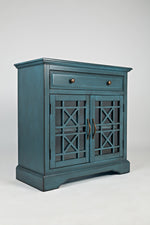 Benzara Craftsman Series 32 Inch Wooden Accent Cabinet with Fretwork Glass Front, Blue