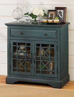 Benzara Craftsman Series 32 Inch Wooden Accent Cabinet with Fretwork Glass Front, Blue