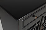 Benzara Craftsman Series 32 Inch Wooden Accent Cabinet with Fretwork Glass Front, Black