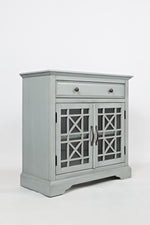 Benzara Craftsman Series 32 Inch Wooden Accent Cabinet with Fretwork Glass Front, Earl Gray