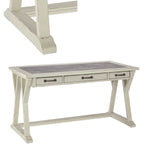 Benzara Three Drawers Wooden Desk with Faux Cement Top and Trestle Base, White and Gray