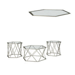 Benzara Hexagonal Design Metal Framed Table Set with Inserted Glass Top, Set of 3 Silver and Clear