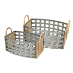 Benzara Transitional Style Tin and Wooden Woven Galvanized Basket with Two Handles, Gray, Set of 2