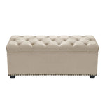 Benzara Velvet Upholstered Button Tufted Trunk with Lift Top Storage and Nail head Accent Trim, Beige
