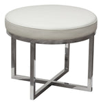 Benzara Leather Upholstered Round Accent Stool with Cross Metal Legs, White and Chrome