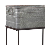 Benzara Rectangular Metal Beverage Tub with Stand and Open Grid Shelf, Gray and Black