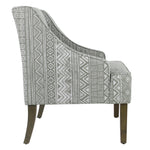 Benzara Geometric Pattern Fabric Upholstered Wooden Accent Chair with Sloped Armrests, Gray and White