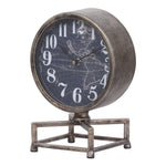 Benzara Metal Table Clock with Map Theme Background and Geometric Base, Gray
