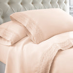 The Urban Port Udine 4 Piece Queen Size Microfiber Sheet Set with Crochet Lace, Pink