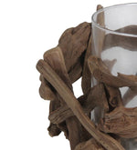 Benzara Organic Wooden Root Candle Holder with Glass Hurricane,Brown and Clear