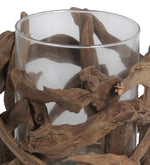Benzara Organic Wooden Root Candle Holder with Glass Hurricane,Brown and Clear