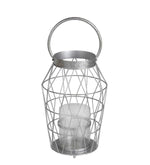 Benzara Geometric Frame Metal Candle Holder with Glass Hurricane,Small, Silver
