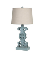 Benzara Carved Wooden Table Lamp with Fabric Empire Shade, Blue and Beige