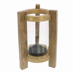 Benzara BM209850 Wooden Frame Glass Hurricane Lantern with Tripod Base, Brown and Clear