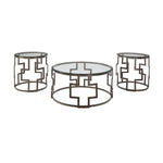 Benzara Contemporary Round Table Set with Glass Top and Geometric Metal Body, Bronze