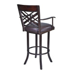Benzara 30 Inch Metal Swivel Bar Stool with Armrests and Leatherette Seat, Brown