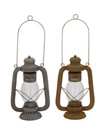 Benzara BM216558 Metal Lantern with Glass Case and Cut Out Detail, Set of 2, Gray and Bronze