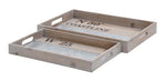 Benzara BM216563 Rectangular Wooden Tray with Steel Accent and Carved Handle,Set of 2,Brown