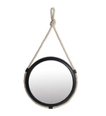 Benzara BM216871 Metal Encased Round Wall Mirror with Braided Rope, Small, Black and White