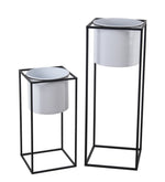 Benzara BM216909 Metal Round Planter with Square Shaped Frame, Set of 2, Black and White