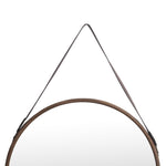 Benzara BM217030 Round Wooden Frame Wall Mirror with Leather Hanger, Small, Black and Brown