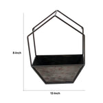 Benzara BM217198 Heptagonal Metal Wall Planter with Wooden Case, Set of 2, Gray and Black