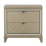 Benzara 2 Drawer Nightstand with Mirror Trim and Tapered Legs, Champagne Gold