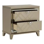 Benzara 2 Drawer Nightstand with Mirror Trim and Tapered Legs, Champagne Gold