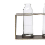 Benzara BM219133 Metal Rectangular Bud Vase Holder with 3 Glass Bottles, Set of 2, Copper