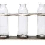 Benzara BM219133 Metal Rectangular Bud Vase Holder with 3 Glass Bottles, Set of 2, Copper