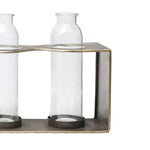 Benzara BM219133 Metal Rectangular Bud Vase Holder with 3 Glass Bottles, Set of 2, Copper