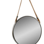 Benzara BM219143 Round Metal Encased Wall Mirror with Rope Hanger, Black and Silver