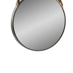 Benzara BM219143 Round Metal Encased Wall Mirror with Rope Hanger, Black and Silver
