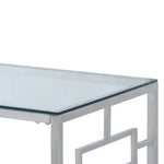 Benzara Glass Top Cocktail Table with Geometric Metal Base, Chrome and Clear