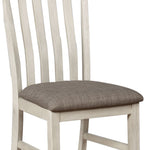 Benzara BM221613 Wood and Fabric Dining Chair with Slatted Backrest, Set of 2, Gray and White