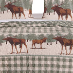 Benzara Fabric Queen Size Quilt Setwith Animal and Plaid Print, Green and Brown