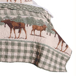 Benzara Fabric Queen Size Quilt Setwith Animal and Plaid Print, Green and Brown