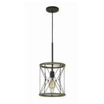 Benzara Circular Wooden Frame Pendant with Metal Lattice Design, Dark Bronze