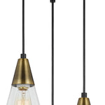 Benzara 3 Conical Shaped Glass Pendant Lighting with Canopy and Brass Accent, Clear