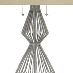 Benzara Geometric Body Metal Table Lamp with Fabric Drum Shade, Silver and Beige